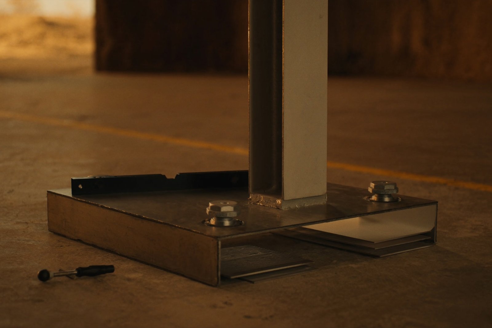 Automation equipment being set and anchored on a warehouse floor.