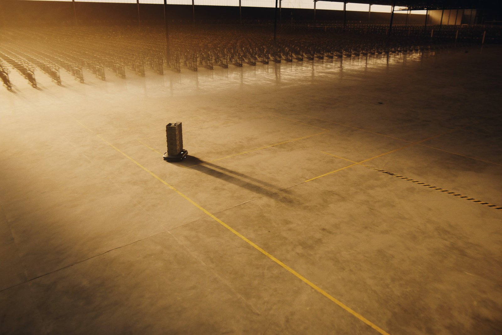 A finished, marked and swept warehouse floor with equipment running.